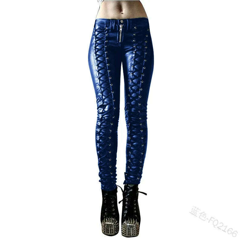 2023 Women Retro PU Pants Leather Pants Steampunk Rivet Lace-up Pencil Pants Skinny Trousers Streetwear Autumn Casual Trousers - KIMLUD