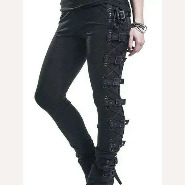2023 Women Retro PU Pants Leather Pants Steampunk Rivet Lace-up Pencil Pants Skinny Trousers Streetwear Autumn Casual Trousers - KIMLUD