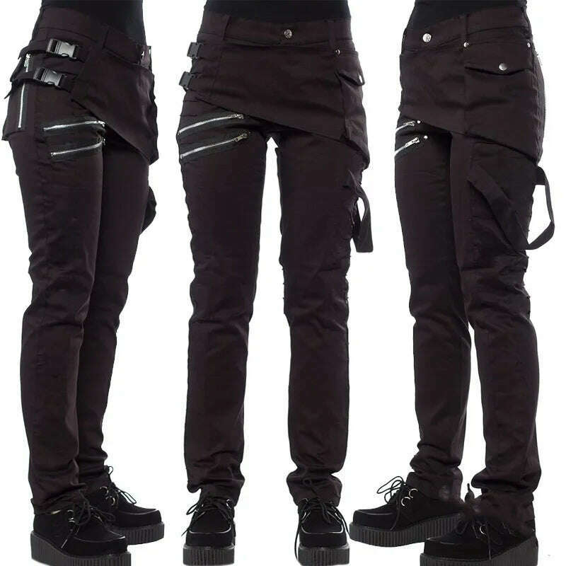 2023 Women Retro PU Pants Leather Pants Steampunk Rivet Lace-up Pencil Pants Skinny Trousers Streetwear Autumn Casual Trousers - KIMLUD
