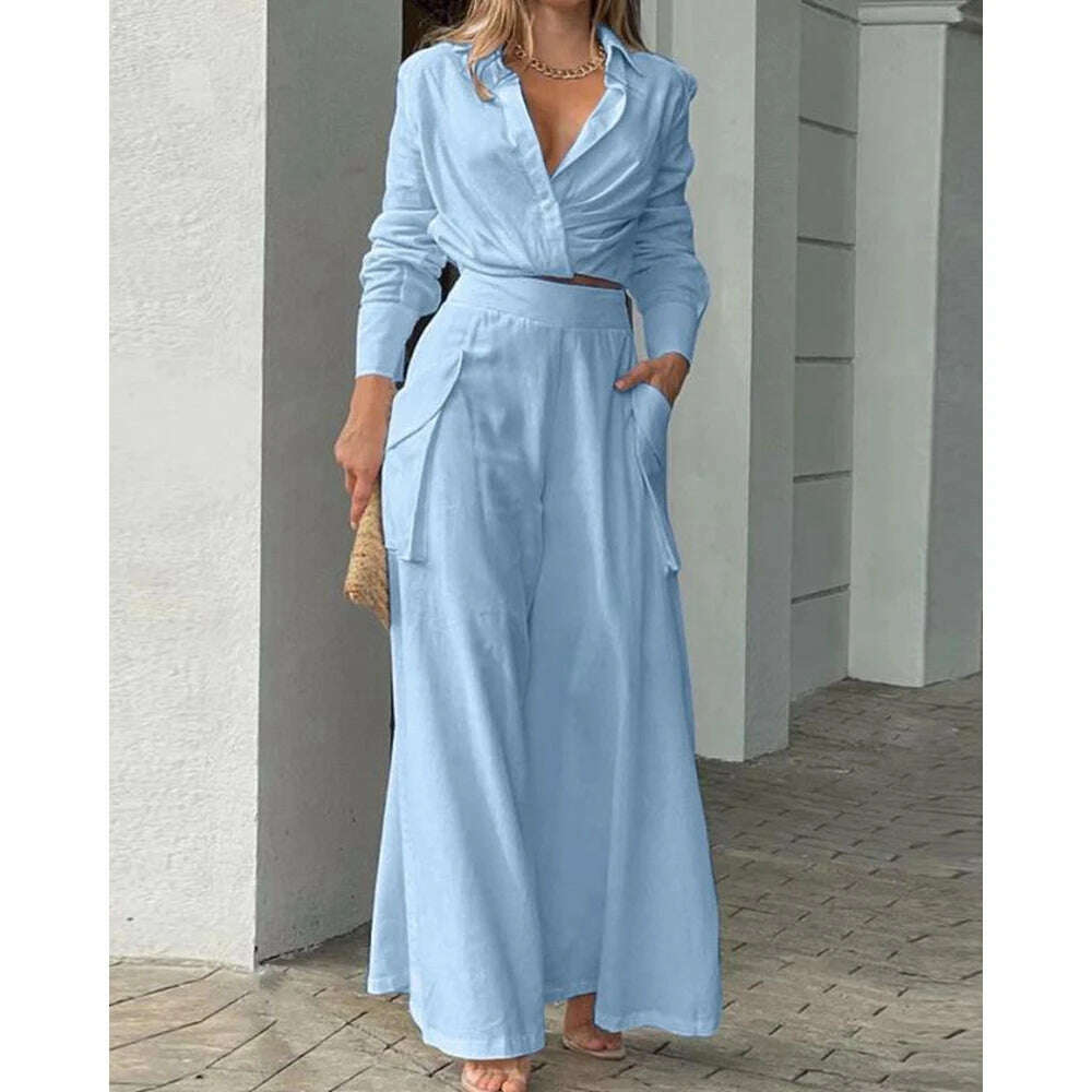 KIMLUD, 2023 Women Solid Long Sleeve Ruched Crop Shirt & High Waist Pants Work Suit Sets Female V-Neck Top 2 Pieces Suit Sets Casual, Blue / M, KIMLUD Womens Clothes
