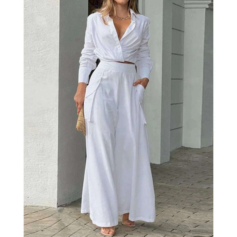 KIMLUD, 2023 Women Solid Long Sleeve Ruched Crop Shirt & High Waist Pants Work Suit Sets Female V-Neck Top 2 Pieces Suit Sets Casual, WHITE / M, KIMLUD Womens Clothes