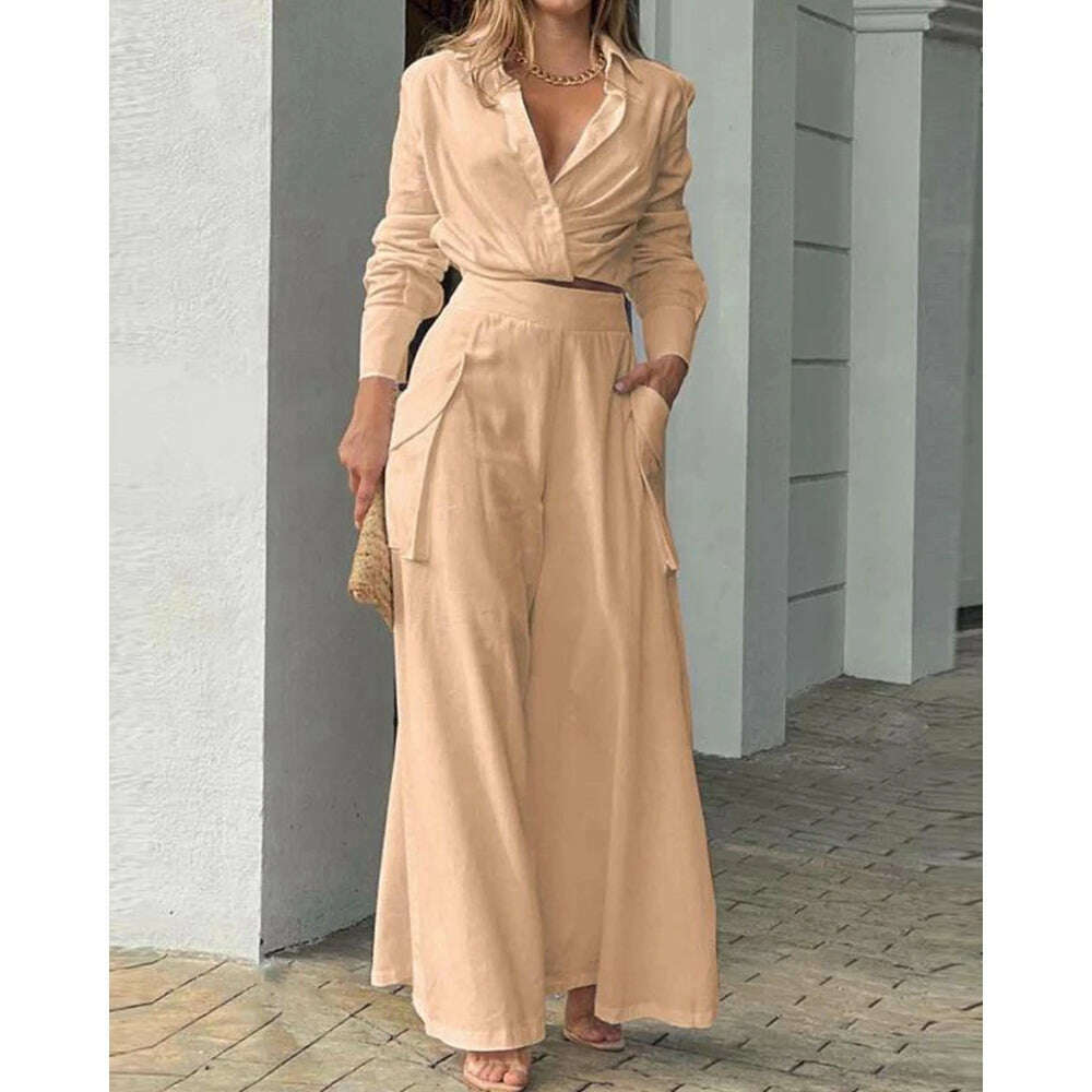 KIMLUD, 2023 Women Solid Long Sleeve Ruched Crop Shirt & High Waist Pants Work Suit Sets Female V-Neck Top 2 Pieces Suit Sets Casual, Khaki / S, KIMLUD Womens Clothes