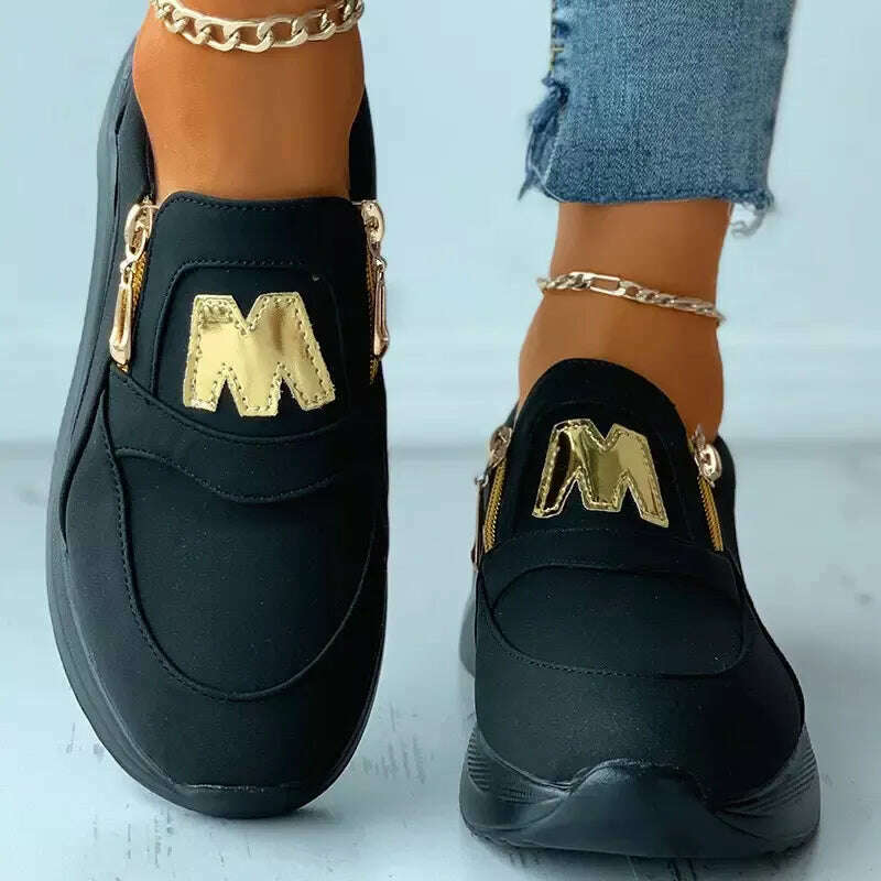 KIMLUD, 2023 Women Sport Sneakers Thick Bottom Letter M Vulcanize Shoes Fashion Wedges Gold Zipper Casual Ladies Platform Walking Shoes, KIMLUD Womens Clothes