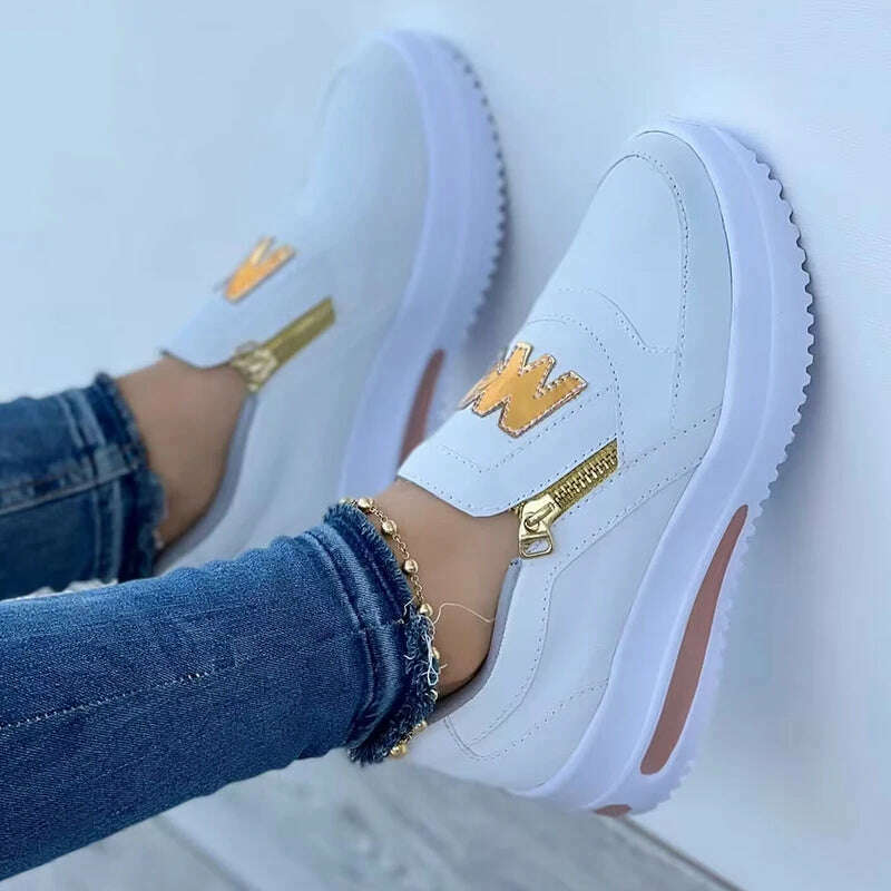 KIMLUD, 2023 Women Sports Shoes Side Zipper Platform Sneakers Pu Leather Fashion Lady Footwear M Vulcanized Comfot Tennis Female Shoes, white / 35, KIMLUD Womens Clothes