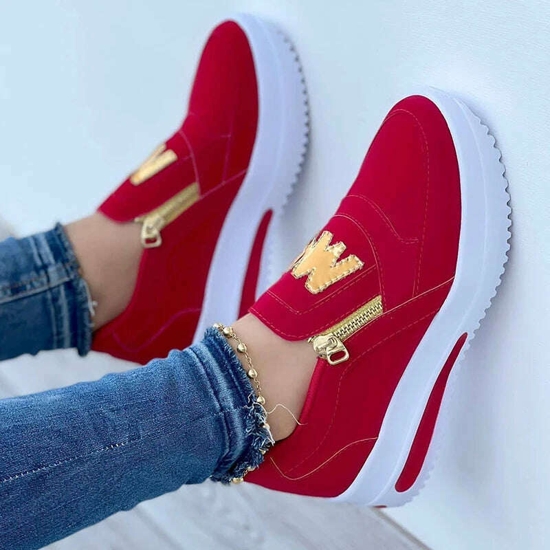 KIMLUD, 2023 Women Sports Shoes Side Zipper Platform Sneakers Pu Leather Fashion Lady Footwear M Vulcanized Comfot Tennis Female Shoes, red / 35, KIMLUD Womens Clothes