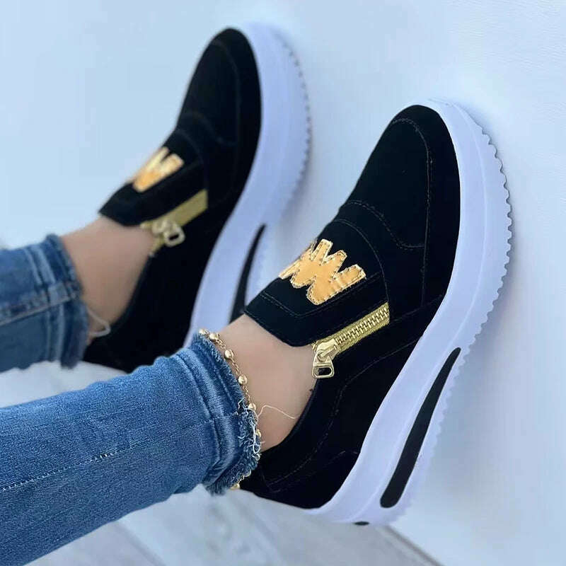 KIMLUD, 2023 Women Sports Shoes Side Zipper Platform Sneakers Pu Leather Fashion Lady Footwear M Vulcanized Comfot Tennis Female Shoes, black / 35, KIMLUD Womens Clothes