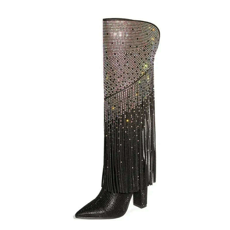 KIMLUD, 2023 Women's Black Silver Gradient Rhinestone Long Boots European and American Women's Thick High Heels Sexy Tassel Show Boots, KIMLUD Womens Clothes