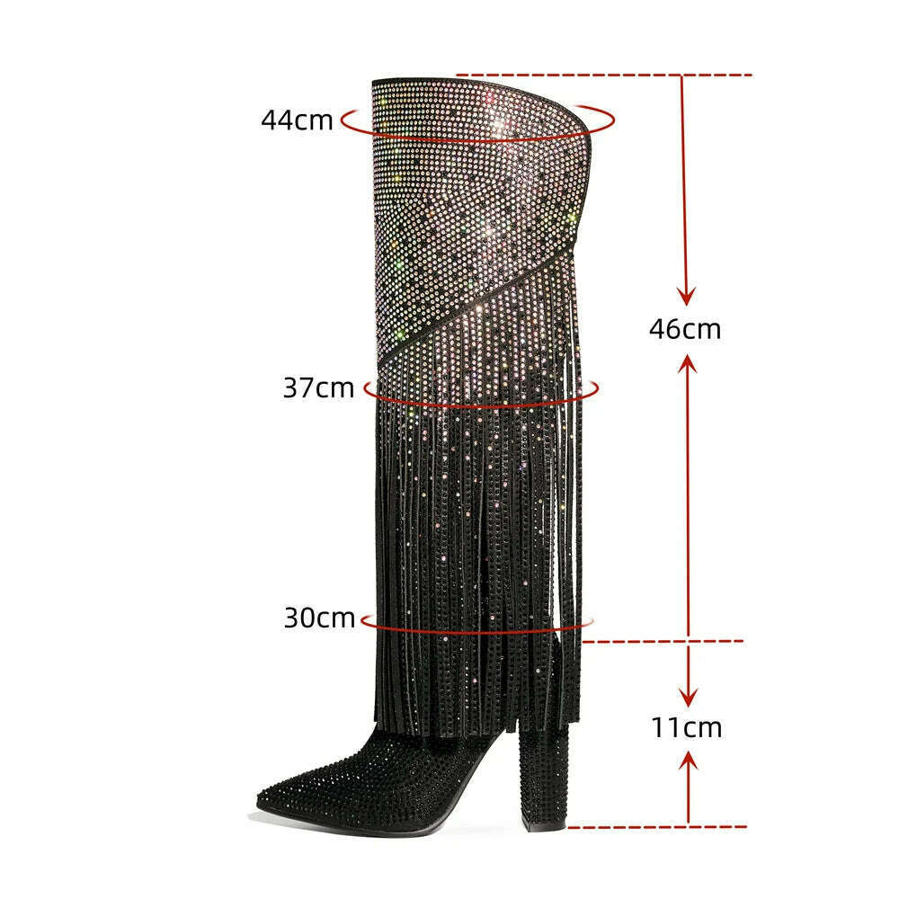 KIMLUD, 2023 Women's Black Silver Gradient Rhinestone Long Boots European and American Women's Thick High Heels Sexy Tassel Show Boots, KIMLUD Womens Clothes