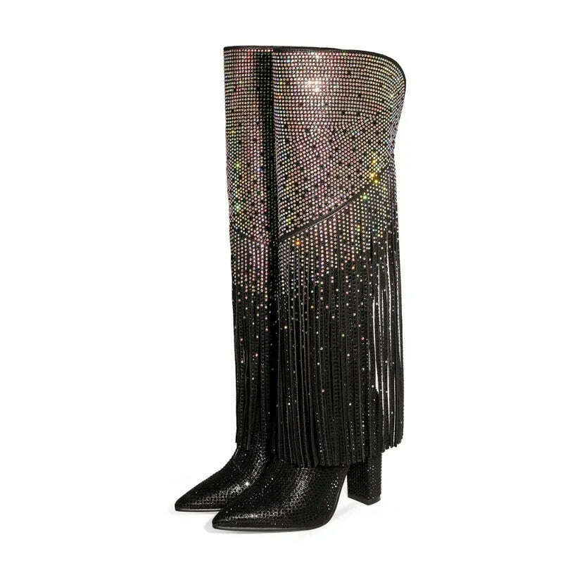 KIMLUD, 2023 Women's Black Silver Gradient Rhinestone Long Boots European and American Women's Thick High Heels Sexy Tassel Show Boots, KIMLUD Womens Clothes