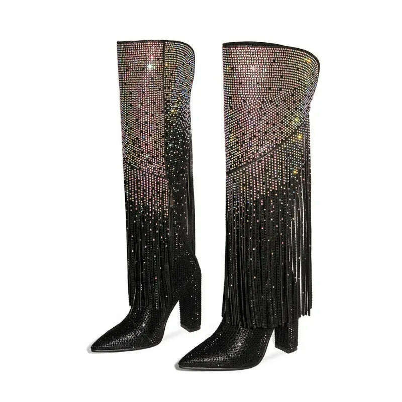 KIMLUD, 2023 Women's Black Silver Gradient Rhinestone Long Boots European and American Women's Thick High Heels Sexy Tassel Show Boots, KIMLUD Womens Clothes