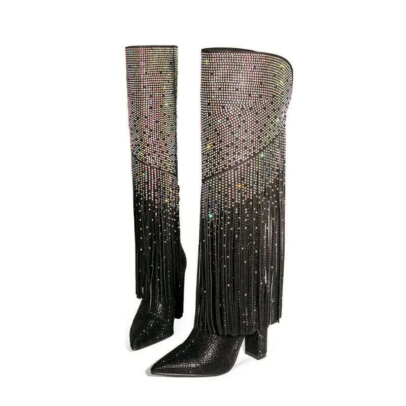 KIMLUD, 2023 Women's Black Silver Gradient Rhinestone Long Boots European and American Women's Thick High Heels Sexy Tassel Show Boots, KIMLUD Womens Clothes