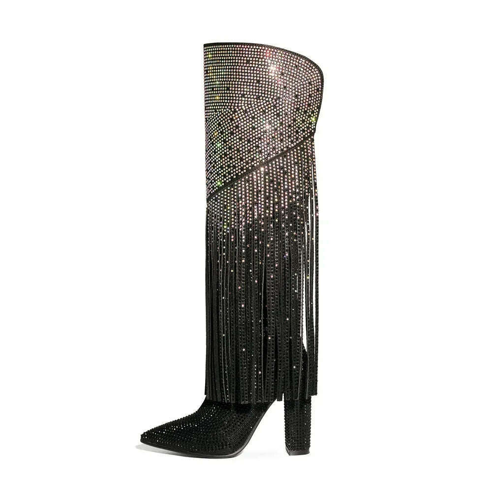 KIMLUD, 2023 Women's Black Silver Gradient Rhinestone Long Boots European and American Women's Thick High Heels Sexy Tassel Show Boots, KIMLUD Womens Clothes