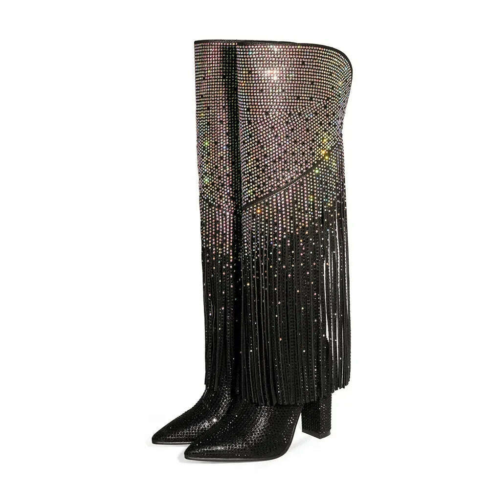 KIMLUD, 2023 Women's Black Silver Gradient Rhinestone Long Boots European and American Women's Thick High Heels Sexy Tassel Show Boots, KIMLUD Womens Clothes