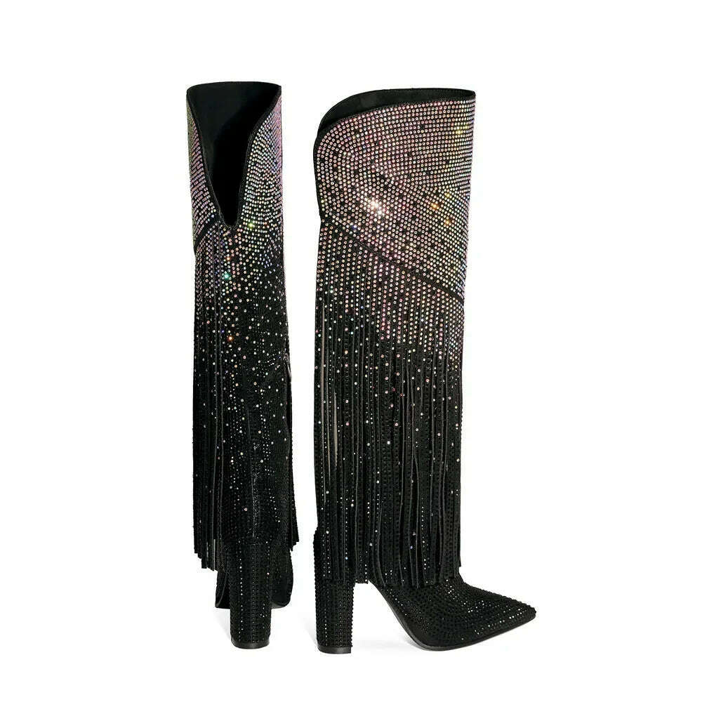 KIMLUD, 2023 Women's Black Silver Gradient Rhinestone Long Boots European and American Women's Thick High Heels Sexy Tassel Show Boots, KIMLUD Womens Clothes