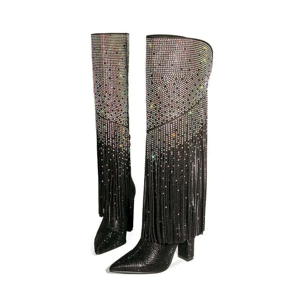 KIMLUD, 2023 Women's Black Silver Gradient Rhinestone Long Boots European and American Women's Thick High Heels Sexy Tassel Show Boots, KIMLUD Womens Clothes