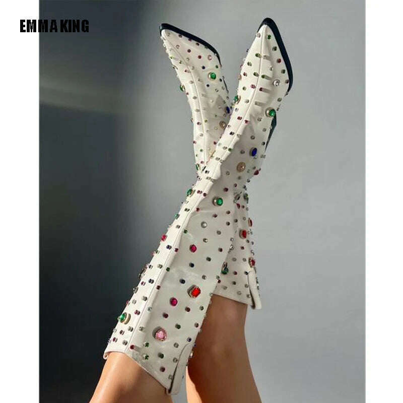KIMLUD, 2023 Women's Cowgirl Boots Pointed Toe Knee High Boots Colorful  Gem Long Boots   Lady Fashion White Chelsea Boots 44, KIMLUD Women's Clothes