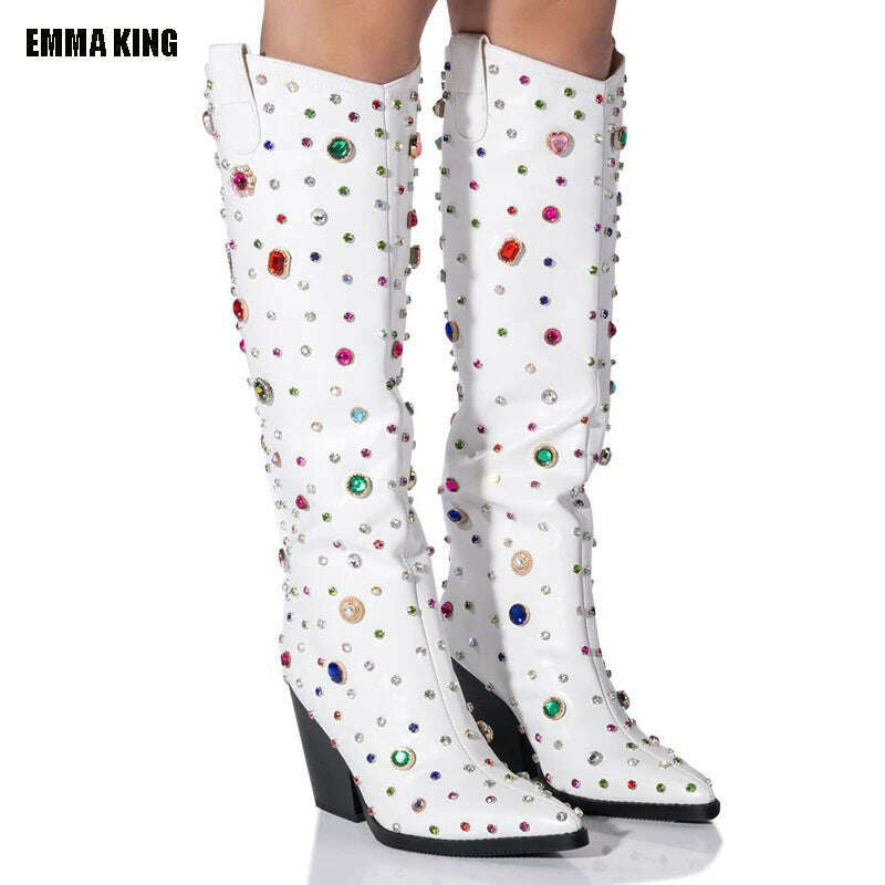 KIMLUD, 2023 Women's Cowgirl Boots Pointed Toe Knee High Boots Colorful  Gem Long Boots   Lady Fashion White Chelsea Boots 44, KIMLUD Women's Clothes