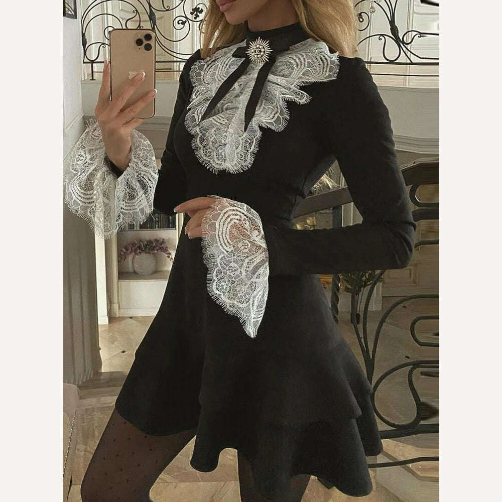 2023 Women's Dresses Fashion Elegant Sexy Long Sleeve Lace Bell Sleeve Ruffle Dress OL Classic Romantic Patchwork Mini Dress - KIMLUD