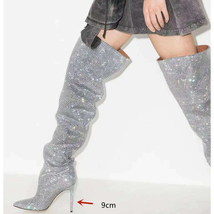 KIMLUD, 2023 Women's Fashion Sexy Thin High Heels Full Knee Length Boots Women's Fashion Week Show Boots Spicy Mom Banquet Boots, silvery1 / 35, KIMLUD Womens Clothes