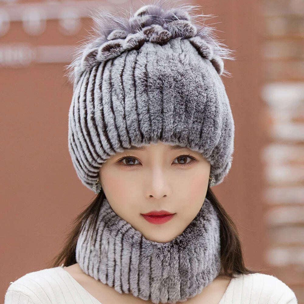 KIMLUD, 2023 Women's Winter Warm Real Rex Rabbit Fur Hat Snow Cap Hats for Women Girls Real Fur Knit Skullies Beanies Natural Fluffy Hat, KIMLUD Womens Clothes