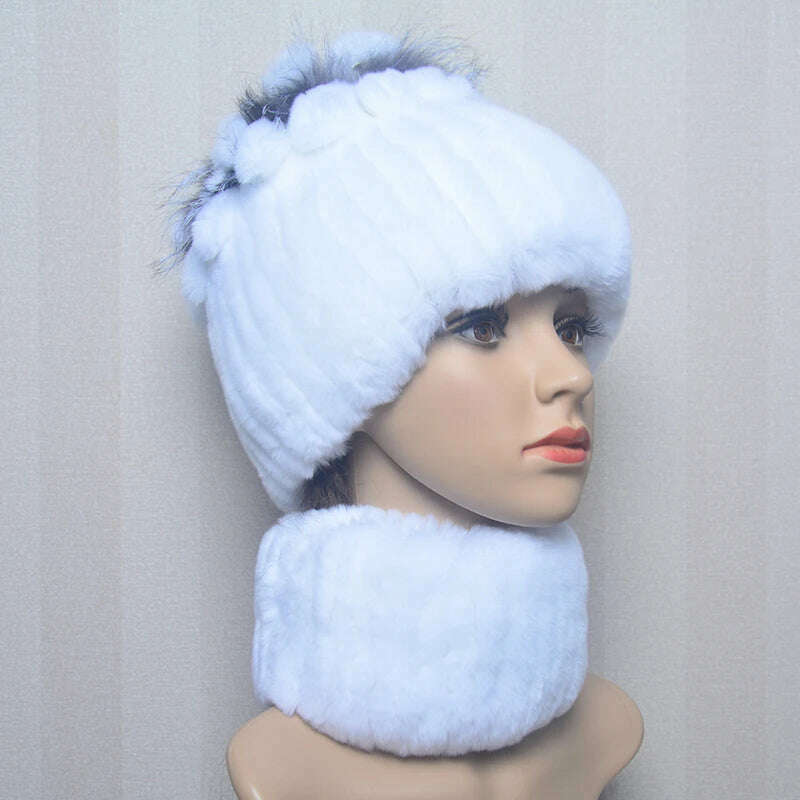 KIMLUD, 2023 Women's Winter Warm Real Rex Rabbit Fur Hat Snow Cap Hats for Women Girls Real Fur Knit Skullies Beanies Natural Fluffy Hat, Suit white, KIMLUD Women's Clothes