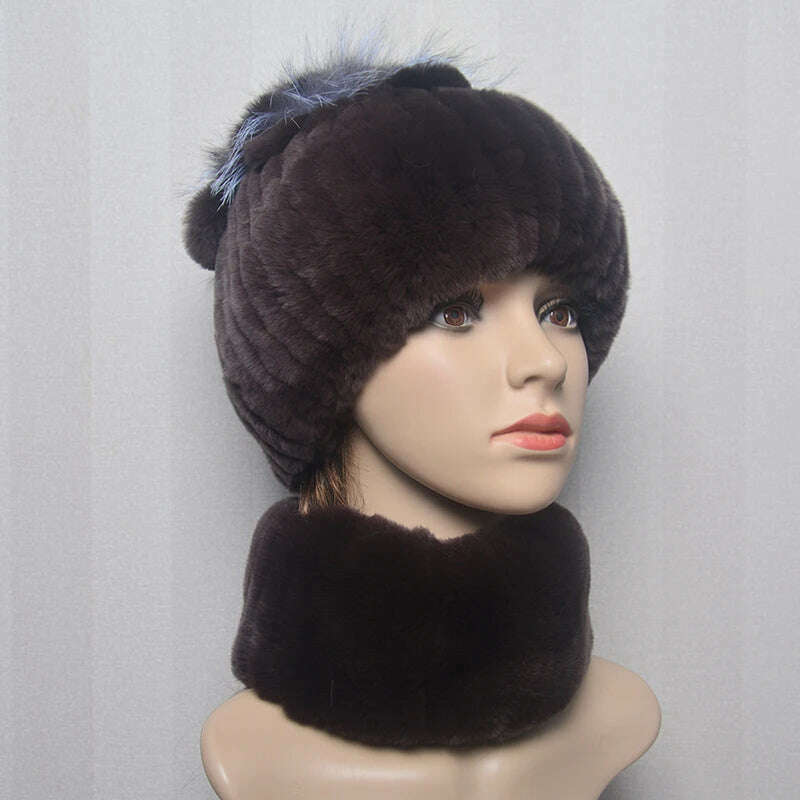 KIMLUD, 2023 Women's Winter Warm Real Rex Rabbit Fur Hat Snow Cap Hats for Women Girls Real Fur Knit Skullies Beanies Natural Fluffy Hat, Suit brown, KIMLUD Women's Clothes