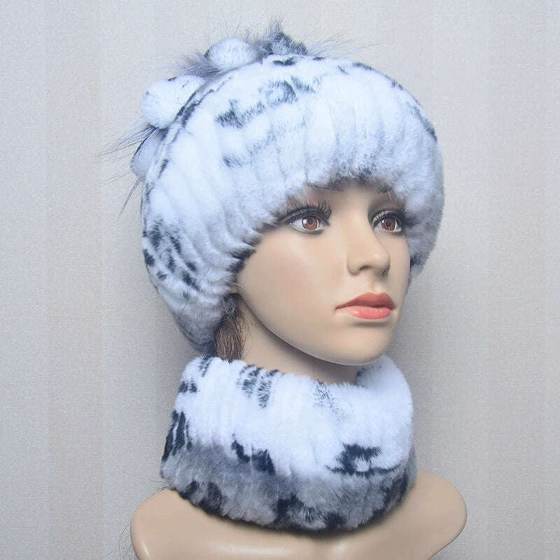 KIMLUD, 2023 Women's Winter Warm Real Rex Rabbit Fur Hat Snow Cap Hats for Women Girls Real Fur Knit Skullies Beanies Natural Fluffy Hat, Suit white black, KIMLUD Women's Clothes