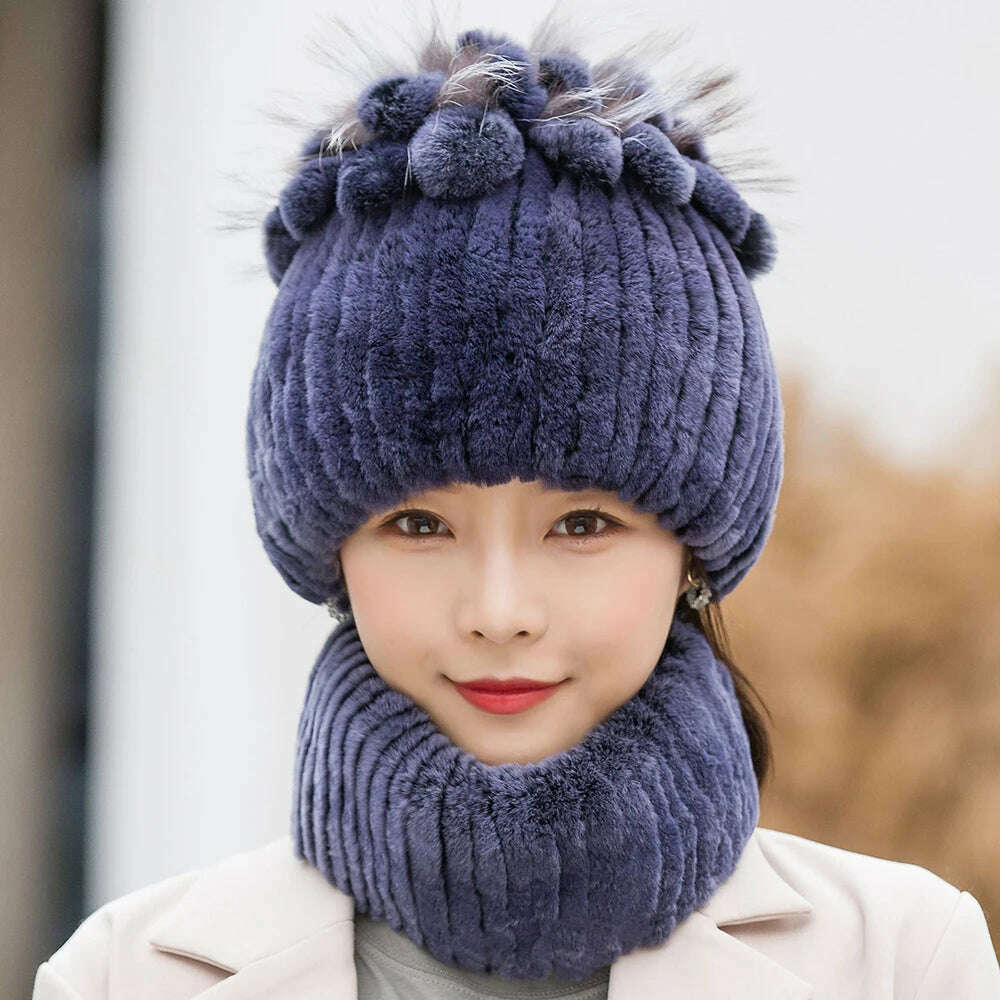 KIMLUD, 2023 Women's Winter Warm Real Rex Rabbit Fur Hat Snow Cap Hats for Women Girls Real Fur Knit Skullies Beanies Natural Fluffy Hat, Suit blue, KIMLUD Women's Clothes