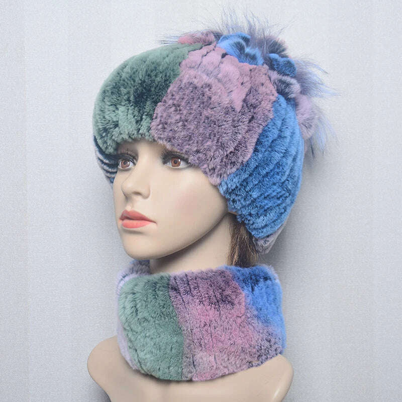 KIMLUD, 2023 Women's Winter Warm Real Rex Rabbit Fur Hat Snow Cap Hats for Women Girls Real Fur Knit Skullies Beanies Natural Fluffy Hat, Suit 2, KIMLUD Women's Clothes