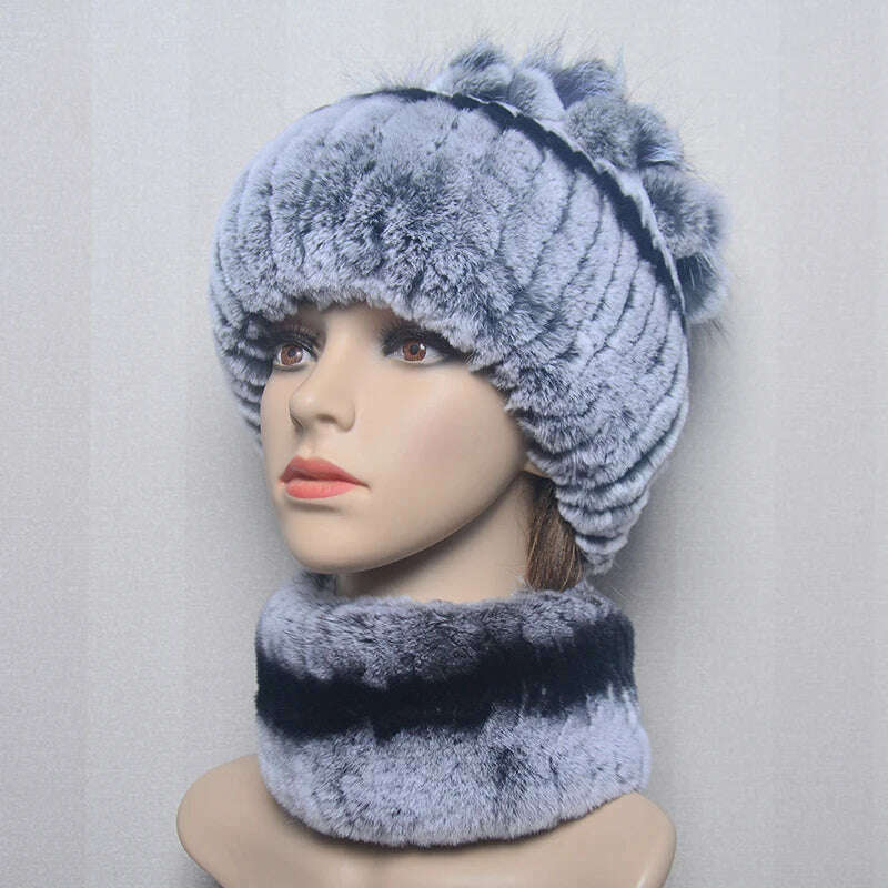 KIMLUD, 2023 Women's Winter Warm Real Rex Rabbit Fur Hat Snow Cap Hats for Women Girls Real Fur Knit Skullies Beanies Natural Fluffy Hat, Suit grey black, KIMLUD Women's Clothes