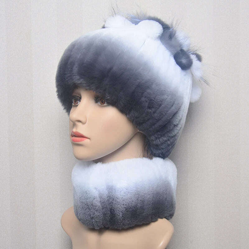 KIMLUD, 2023 Women's Winter Warm Real Rex Rabbit Fur Hat Snow Cap Hats for Women Girls Real Fur Knit Skullies Beanies Natural Fluffy Hat, Suit 3, KIMLUD Women's Clothes