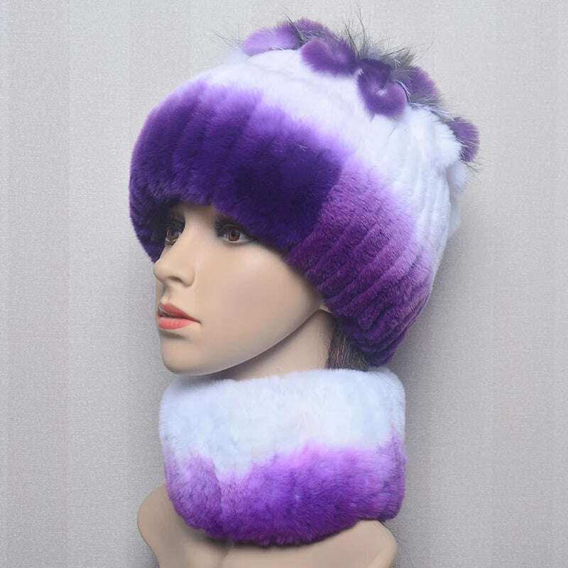 KIMLUD, 2023 Women's Winter Warm Real Rex Rabbit Fur Hat Snow Cap Hats for Women Girls Real Fur Knit Skullies Beanies Natural Fluffy Hat, Suit purple white, KIMLUD Womens Clothes