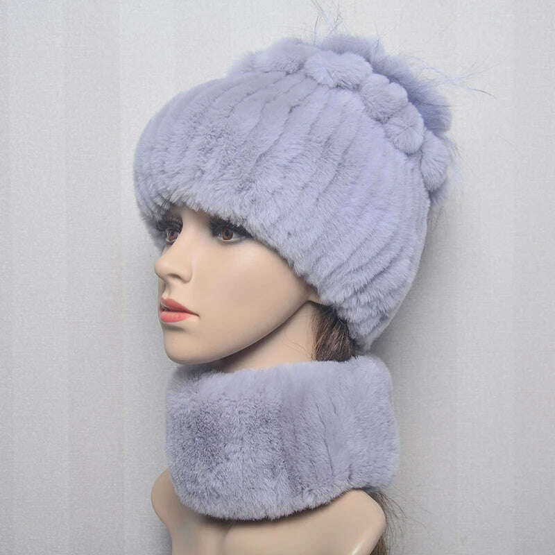 KIMLUD, 2023 Women's Winter Warm Real Rex Rabbit Fur Hat Snow Cap Hats for Women Girls Real Fur Knit Skullies Beanies Natural Fluffy Hat, Suit grey, KIMLUD Women's Clothes
