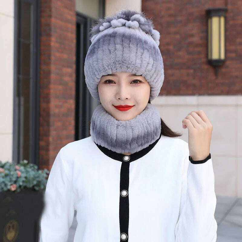 KIMLUD, 2023 Women's Winter Warm Real Rex Rabbit Fur Hat Snow Cap Hats for Women Girls Real Fur Knit Skullies Beanies Natural Fluffy Hat, Suit 4, KIMLUD Women's Clothes