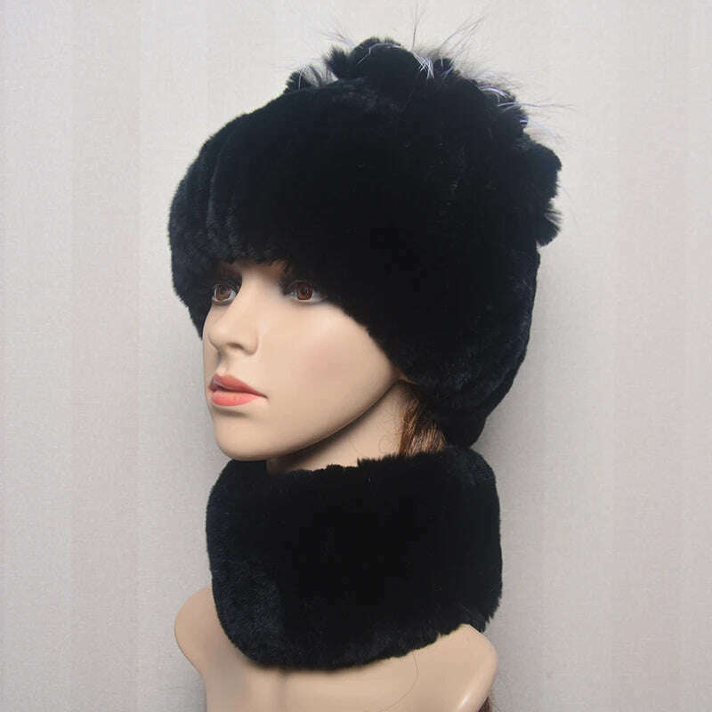 KIMLUD, 2023 Women's Winter Warm Real Rex Rabbit Fur Hat Snow Cap Hats for Women Girls Real Fur Knit Skullies Beanies Natural Fluffy Hat, Suit black, KIMLUD Women's Clothes