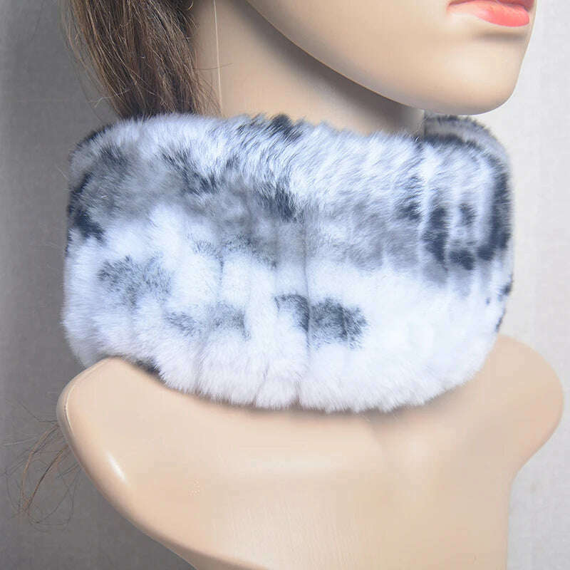 KIMLUD, 2023 Women's Winter Warm Real Rex Rabbit Fur Hat Snow Cap Hats for Women Girls Real Fur Knit Skullies Beanies Natural Fluffy Hat, Scarf white black, KIMLUD Womens Clothes