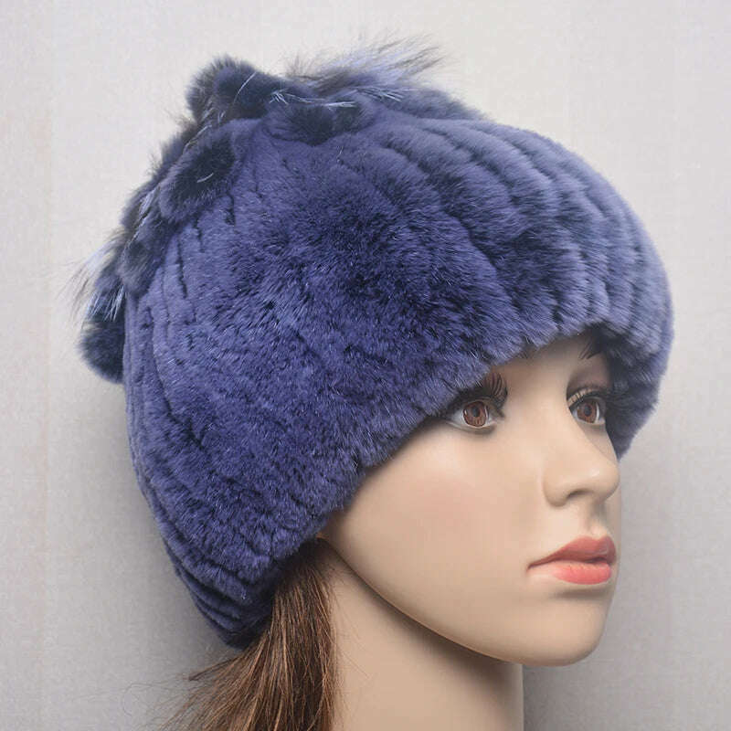 KIMLUD, 2023 Women's Winter Warm Real Rex Rabbit Fur Hat Snow Cap Hats for Women Girls Real Fur Knit Skullies Beanies Natural Fluffy Hat, Hat blue, KIMLUD Women's Clothes