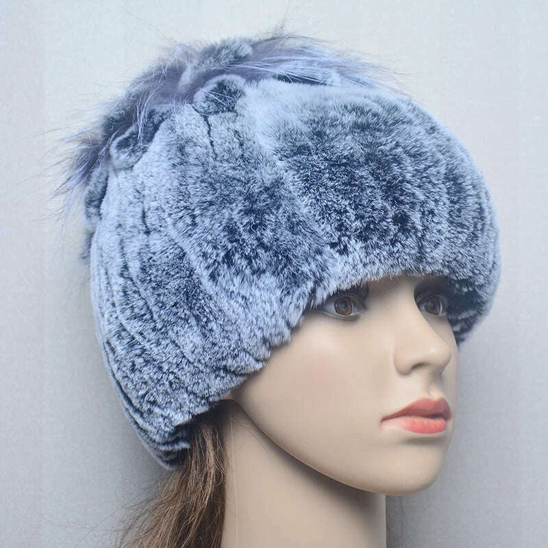 KIMLUD, 2023 Women's Winter Warm Real Rex Rabbit Fur Hat Snow Cap Hats for Women Girls Real Fur Knit Skullies Beanies Natural Fluffy Hat, Hat frost grey, KIMLUD Women's Clothes