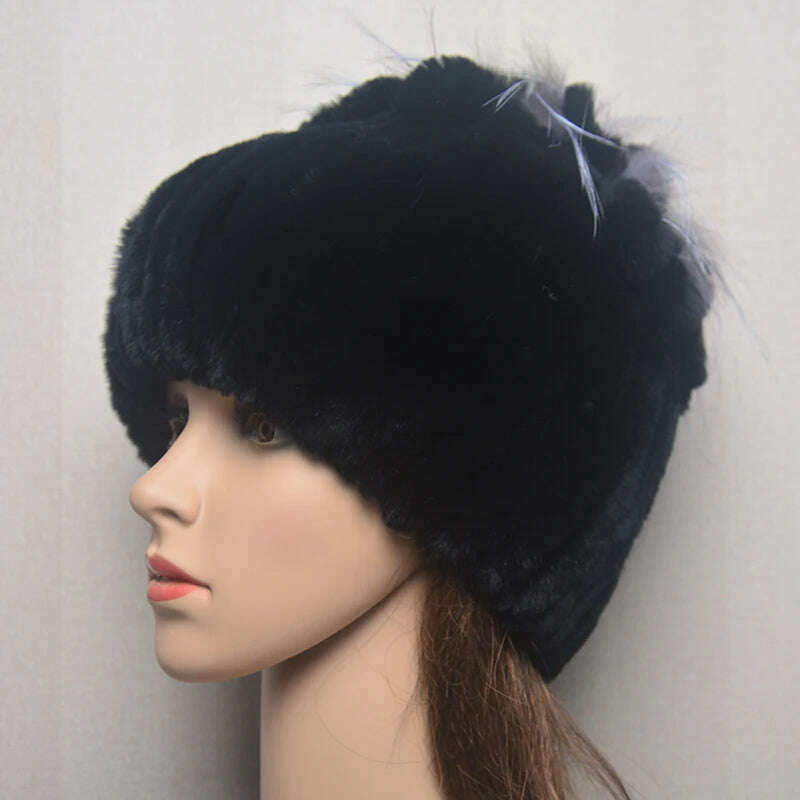 KIMLUD, 2023 Women's Winter Warm Real Rex Rabbit Fur Hat Snow Cap Hats for Women Girls Real Fur Knit Skullies Beanies Natural Fluffy Hat, Hat black, KIMLUD Women's Clothes