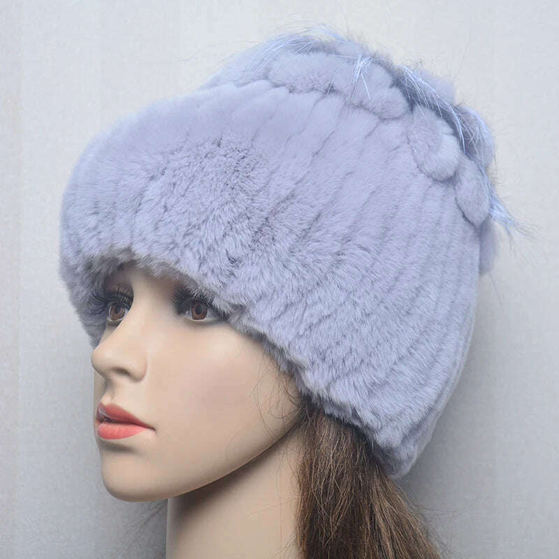 KIMLUD, 2023 Women's Winter Warm Real Rex Rabbit Fur Hat Snow Cap Hats for Women Girls Real Fur Knit Skullies Beanies Natural Fluffy Hat, Hat grey, KIMLUD Women's Clothes