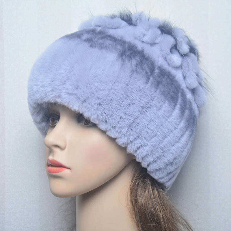 KIMLUD, 2023 Women's Winter Warm Real Rex Rabbit Fur Hat Snow Cap Hats for Women Girls Real Fur Knit Skullies Beanies Natural Fluffy Hat, Hat 1, KIMLUD Women's Clothes