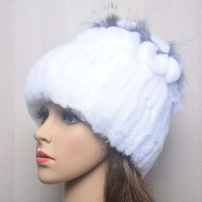 KIMLUD, 2023 Women's Winter Warm Real Rex Rabbit Fur Hat Snow Cap Hats for Women Girls Real Fur Knit Skullies Beanies Natural Fluffy Hat, Hat white, KIMLUD Women's Clothes