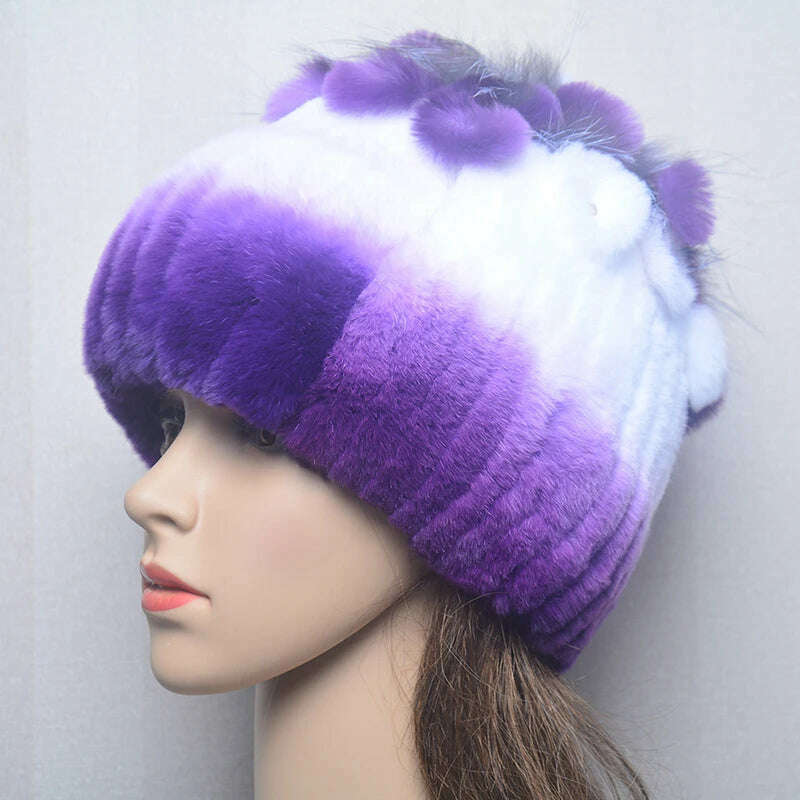 KIMLUD, 2023 Women's Winter Warm Real Rex Rabbit Fur Hat Snow Cap Hats for Women Girls Real Fur Knit Skullies Beanies Natural Fluffy Hat, Hat purple white, KIMLUD Women's Clothes