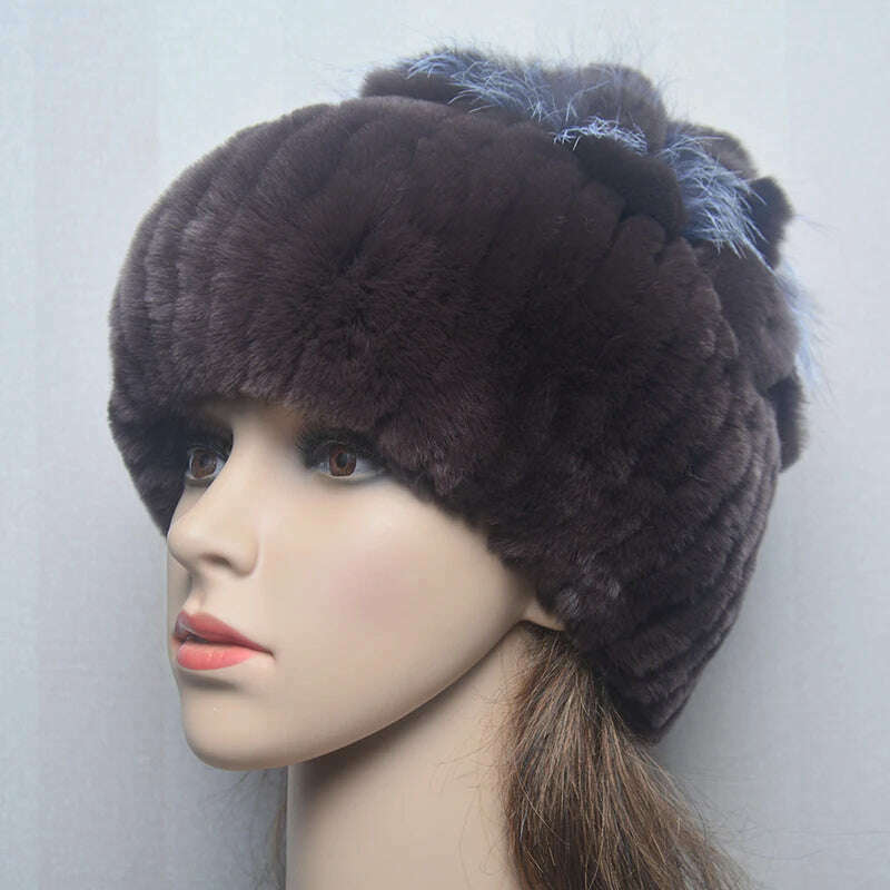 KIMLUD, 2023 Women's Winter Warm Real Rex Rabbit Fur Hat Snow Cap Hats for Women Girls Real Fur Knit Skullies Beanies Natural Fluffy Hat, Hat dark brown, KIMLUD Women's Clothes