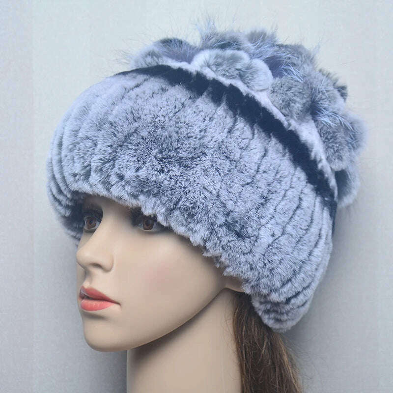 KIMLUD, 2023 Women's Winter Warm Real Rex Rabbit Fur Hat Snow Cap Hats for Women Girls Real Fur Knit Skullies Beanies Natural Fluffy Hat, Hat grey black, KIMLUD Women's Clothes