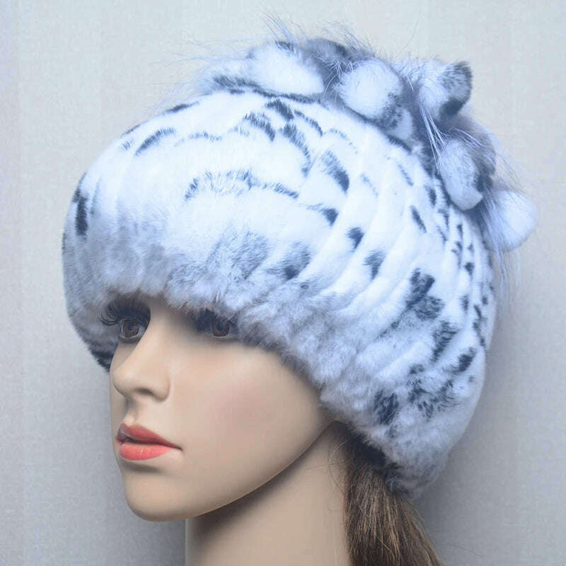 KIMLUD, 2023 Women's Winter Warm Real Rex Rabbit Fur Hat Snow Cap Hats for Women Girls Real Fur Knit Skullies Beanies Natural Fluffy Hat, Hat white black, KIMLUD Women's Clothes