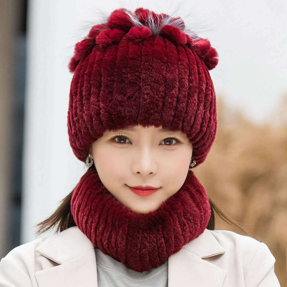 KIMLUD, 2023 Women's Winter Warm Real Rex Rabbit Fur Hat Snow Cap Hats for Women Girls Real Fur Knit Skullies Beanies Natural Fluffy Hat, Suit wine red, KIMLUD Women's Clothes