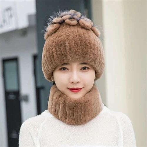 KIMLUD, 2023 Women's Winter Warm Real Rex Rabbit Fur Hat Snow Cap Hats for Women Girls Real Fur Knit Skullies Beanies Natural Fluffy Hat, Suit khaki, KIMLUD Women's Clothes