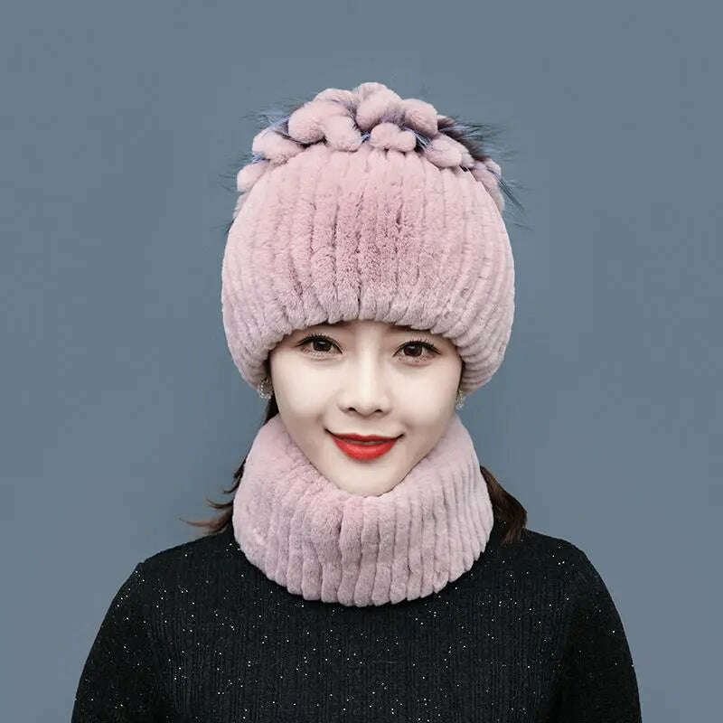 KIMLUD, 2023 Women's Winter Warm Real Rex Rabbit Fur Hat Snow Cap Hats for Women Girls Real Fur Knit Skullies Beanies Natural Fluffy Hat, Suit beige pink, KIMLUD Women's Clothes