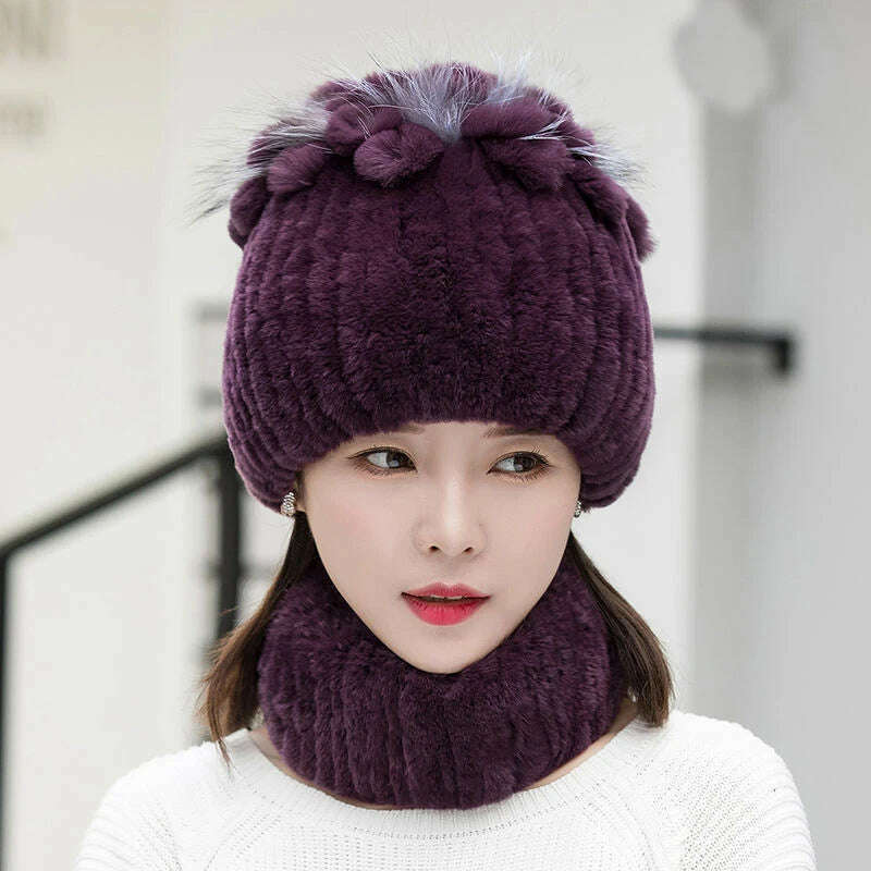 KIMLUD, 2023 Women's Winter Warm Real Rex Rabbit Fur Hat Snow Cap Hats for Women Girls Real Fur Knit Skullies Beanies Natural Fluffy Hat, Suit dark purple, KIMLUD Women's Clothes